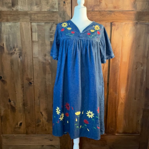 Vintage Dresses & Skirts - National | Vintage Embroidery Denim Muumuu Dress